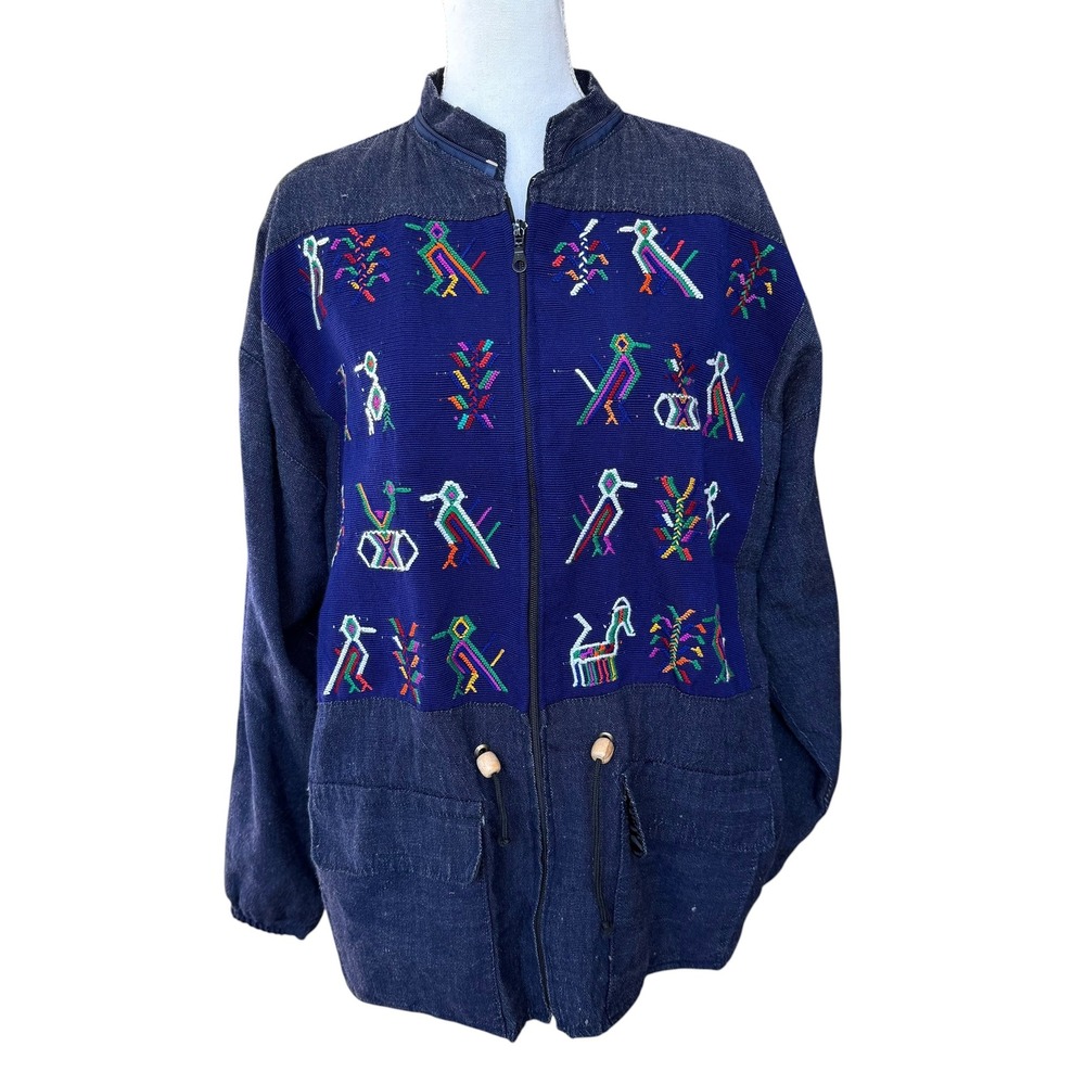 Vintage Embroidered Bird Folk Art Zip Up Jacket Navy Blue XL Boho Artisan